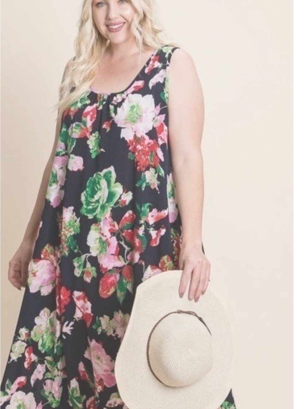 Black Floral Sleeveless hi-lo Dress with Scoop Neck Zig Zag Strip Large